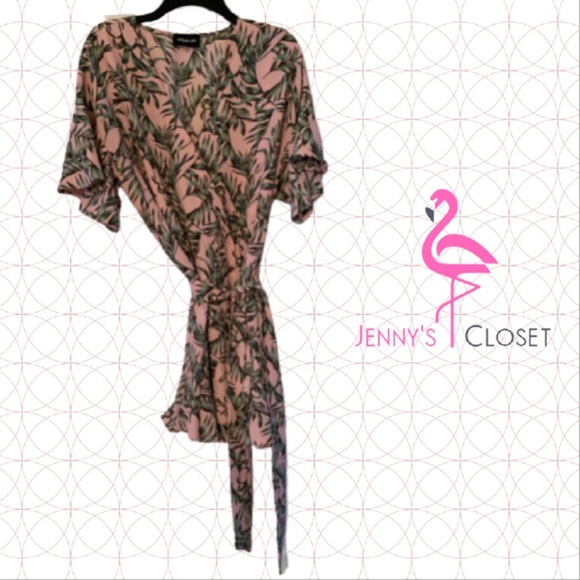 Sugar & Lips, Size Large, Pink with Green Floral Wrap Dress - Picture 2 of 5